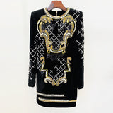 Heavy Industry Embroidery Slitting Nails Long-Sleeved Gold Velvet Bag Hip Dress For Autumn/Winter