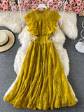 Purple/Green/Red Lace Midi Dress Women Sweet Round Neck Ruffle Vestidos Female High Waist Slim Robe Spring Autumn