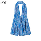 Women Vintage Geometric Totem Floral Print Halter Mini Dress Female Chic Summer Backless Lace Up Casual Vestidos