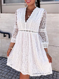 Women Elegant Floral Lace Long Sleeve Dress See Through V-neck Solid Color High Waist Hollow Out Party Dress Female Vestidos