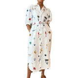Women's New Printed Collar Long Collection Belt With Shirt Dress