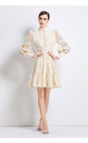 Elegant Bubble Sleeve Lace Splicing Mesh Dress Women's Court Collar Lantern Sleeve A-Word
