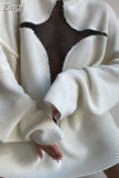 Y2K Women Spring Autumn Hollow Out Sweaters Knitwear Mesh Patchwork Long Sleeve High Neck Ribbed Knitted