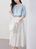Blue Shirt Women's Round Collar 2025 Summer Dress New French Commuting Shirt Casual Loose Mid-Sleeve Top