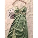 2022 Summer Women Green Satin Dress Vintage Beading Silk Sexy Slit Party Midi