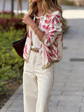 New Casual Fashion Slimming Plant Print Polo Collar Women Zipper New Coat