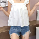 Women Kawaii Solid French Style All-match Casual Summer Ruffles Fashion Basic Teenagers Simple Crop Tops Newest Girls