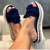 Version Of The New Large-Size Linen Thick-Bottom Slippers Women Bow Linen Rope Slope And Beach Cool