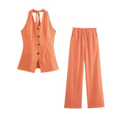 Fragrant Cotton Lint Neck Vest Set Of Women's Summer With Light Luxury High-End Trousers Two