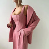 Women's Fashion Solid Color Waist Fish Bone Shoulder Suit Three-Piece Set Of Women Simple Commuting High-Waisted