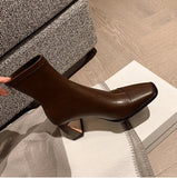 Women's Shoes Square Head Short Boots 2025 New Winter Korean Version Of High Heel And Thick Zipper Fashion Martin