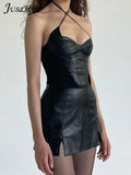 Women Winter 2023 New Y2K PU Leather Patchwork Sweet Black Slip Skirt Halter Neck V-Neck Sexy&Hot Hem Slit A-Line