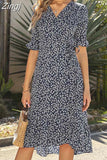 Sleeve Boho Dress Summer Women Floral Printed Holiday Beach Dress V-Neck Elegant Lace-up Split Midi Sundress