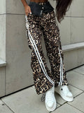 New Sports Leopard Spliced Casual Pants Women Mid-Loose Trousers Casual Breathable