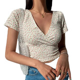 Zingj Floral Cross V-Neck Slim Short Crop Short-Sleeve T-Shirt Women's Top 2024 Summer New