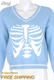 Skulls Blue Knitted Sweaters for Women Fashion Winter Tops Oversized Jumper V Neck Long Sleeve Pullovers Halloween