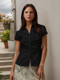 New Temperamental Femininity Polo Collar Short-Sleeved Shirt Hottie Street Commute Wrinkles On The