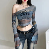 Girl Sexy Net Yarn Abstract Print Oblique Shoulder T-Shirt Girl 2025 Fall INS Umbilical New