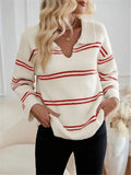 And Winter Loose V-Neck Stripes Bumpy Long-Sleeved Polo Shirt