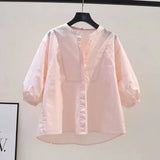 Lantern Sleeve Cotton Shirt Women Loose Design Casual Shirt 2025 Summer Art Light Blue