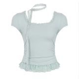 Hottie Style Solid Color Lace Splicing Short Sleeves Around The Neck Coat Folded Waist Collar Casual T-Shirt
