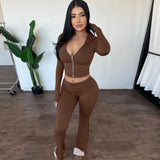 Zingj Style New Zip Long Sleeve Hooded Top High Waist Horn Trousers Fashion Two-Piece Suit