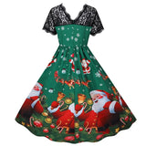 Christmas Dress Women 2023 New Short Sleeve Print High Waist Elegant Vintage Winter Xmas Party Sundress 3XL