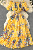 Bohemian Floral Chiffon Long Dress Women Sexy Off Shoulder Ruffle Puff Short Sleeve High Waist A-Line Big Swing