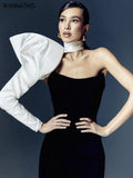 Party Mini Dress Elegant Bandage One Shoulder Lantern Sleeve Patchwork Backless Sexy Night Bodycon Clubwear Dress
