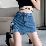 Zingj Girl High Waist Denim Skirt Women's Summer Skirt Short Small Washed Retro Half Skirt Strap Wrapped Hip Skirt