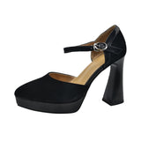 Temperament Coarse Velvet High-Heeled Shoes Women 2025 Spring Waterproof Table Thick Bottom Tip One By One With Shallow Mouth Empty