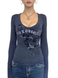 Old Letter Print Knitting V-Neck T-Shirt For Women's New Knitted Long-Sleeved