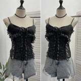 Shooting Do The Old Fur Side Of The Denim Splicing Pu Skin Lace Sling Vest Short Without Sleeve Top