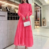 New V-Neck Single-Drenchee Chiffon French Retro Dress Thin A-Character Long Dress Women's Bubble