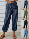 Loose High Waist Button Cotton And Linen Trousers