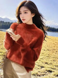 Sweater Women In Autumn And Winter Under The Bottom Of The Blouse Lazy Style Design Sense Retro Half-High Collar Red