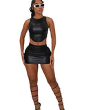 Zingj Fall Women's Fashion Suit PU Sleeveless Vest Cover Hip Short Skirt Suit For