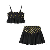 Women's Retro 2025 New Summer Solid Color Sling With Short Coat High Waist Half-Dress Metal Splicing
