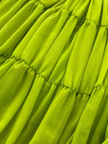 Women Pleated Long Dress Vintage V-Neck Short Sleeve High Waist A-Line Green/Blue/Brown Big Swing Maxi Vestidos