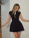 Spring And Summer New Women's Pure Color Round Neck Pocket Design Waist Repair