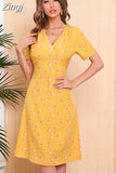 Women Floral Print Midi Dress Summer Chiffon Elegant V-neck Slim A Line Dress Short Sleeve Ladies Holiday Beach