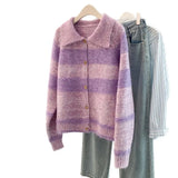 Purple Striped Soft-Clip Single-Dcupy Clasp-Clip Sweater Women's Cardigan Jacket 2025 New Autumn And Winter