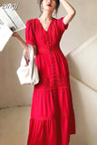 Dresses Women Cotton Patchwork V-Neck Short Sleeve Maxi Dress Female Single Breasted Hollow Out Beach Long Dress