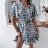 Leisure Short Sleeve V-Neck Crum Striped Lotus Leaf-Side Dress Women's