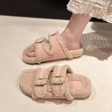 Zingj Slippers Female 2024 Autumn / Winter New Korean Version Of Fashion Color Stitching Soft Wool And Velvet Belt Buckle Flip-Ops-Outfit
