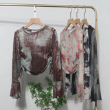 Not Sultry Hot Tie Dye Net Yarn Long-Sleeved T-Shirt Drawstring Tethered With Short-Sized T-Shirt Horn Sleeve Top