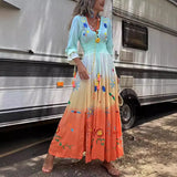 Women's V-Neck Dress Print Tamped Tannesor Long Sleeves
