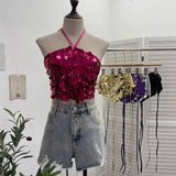 Industry Bling Bling Glide Hanging Neck Sling Vest One-Style Wrapping Tie With Large Bare Back Blouse