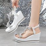 Summer New Large-Size Women's Sloping Sandals Bow Set Pine Cake Water Drill Bottom Fish Mouth