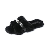 And Winter New Hairy Shoes With Plush Warm Metal Plus Plush Outside Wearing Flat-Bottom Slippers Women's Foot